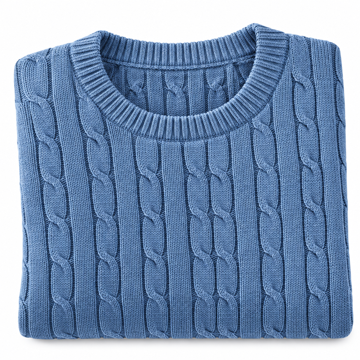 Porter Cotton Cable-Knit Sweater ribbed crew neck and cable knit in Denim Blue