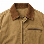 Hayes Canvas Work Jacket collar and zip chest pocket in Khaki canvas