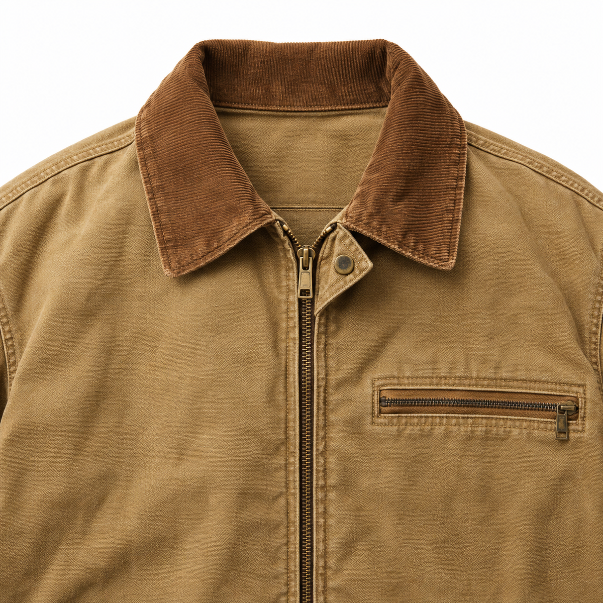 Hayes Canvas Work Jacket collar and zip chest pocket in Khaki canvas