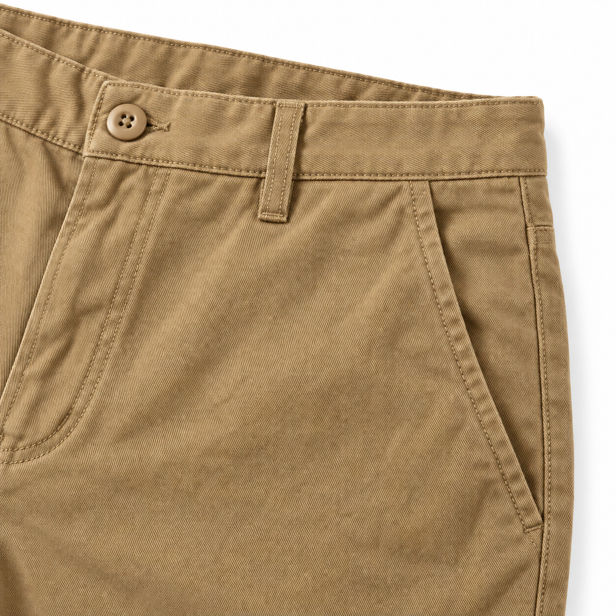 Grant Washed Cotton Chinos waistband, button and front pocket in Khaki