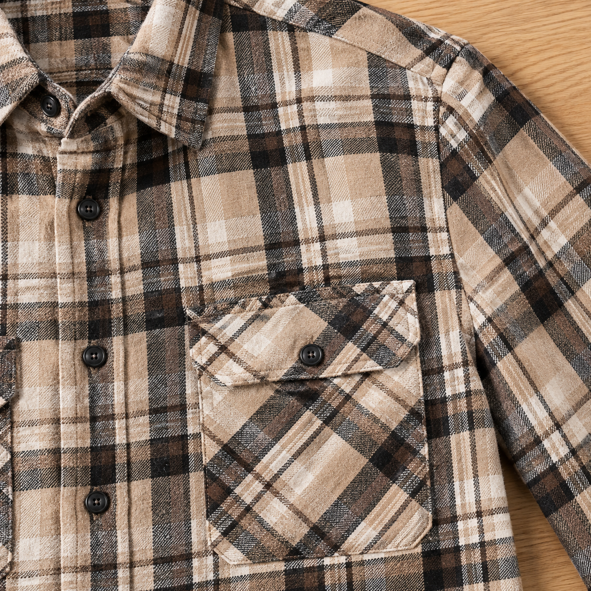 Walker Brushed Flannel Shirt chest pocket and button placket in Tan/Black Plaid