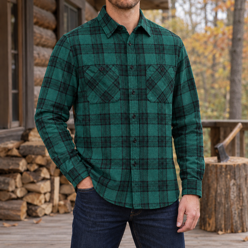Walker Brushed Flannel Shirt in Green/Black Plaid