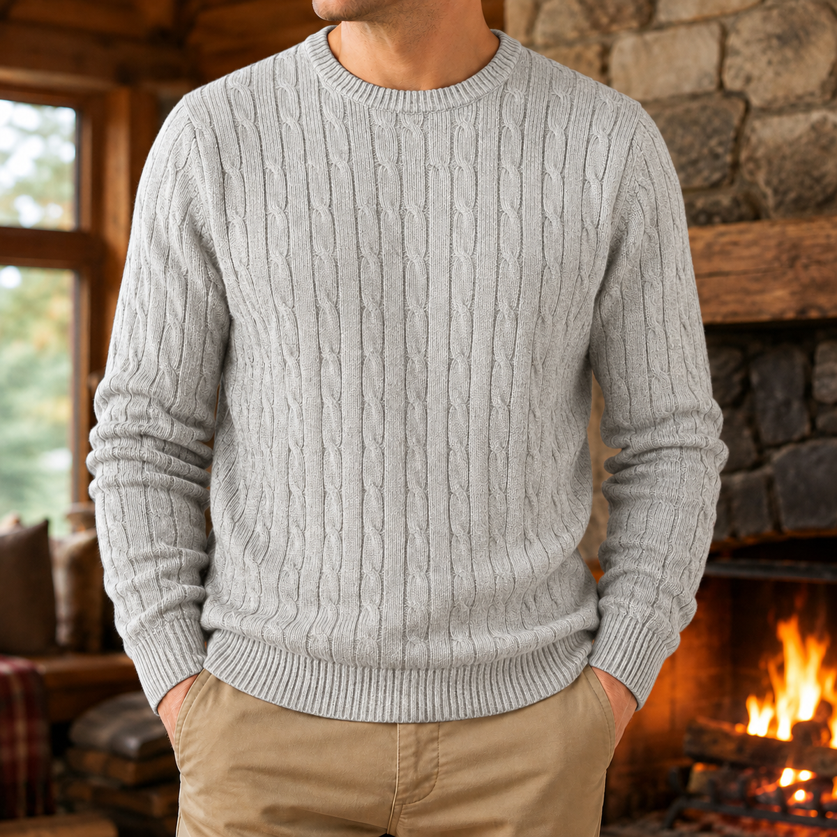 Porter Cotton Cable-Knit Sweater in Light Grey