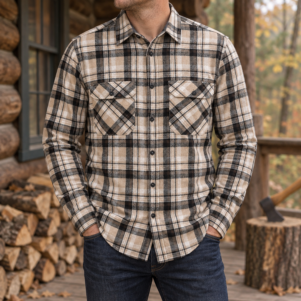 Walker Brushed Flannel Shirt in Tan/Black Plaid