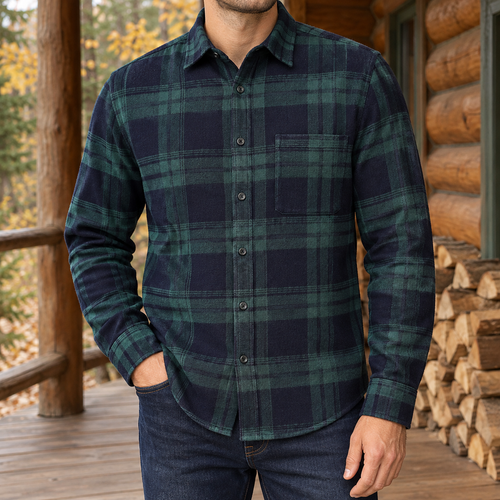 Walker Brushed Flannel Shirt in Green/Navy Plaid